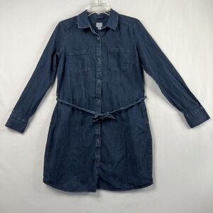 A New Day Dress Womens Medium Dark Wash Denim Shirt Long Sleeve Tie Belt